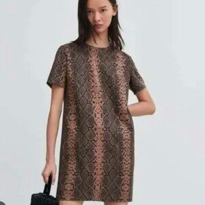 Zara Trafaluc Snake Print Short Sleeve Crew Neck Knit Mini Dress Brown Small